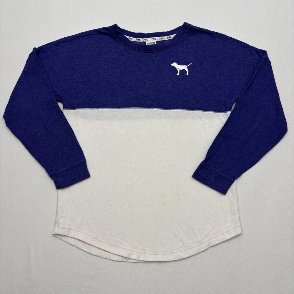 Victoria's Secret PINK Varsity Long Sleeve Shirt Blue White Colorblock Logo S
